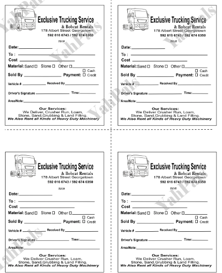 1/4 Size Trucking Service Bill Books , Carbonless | Quarter 1/4 Size